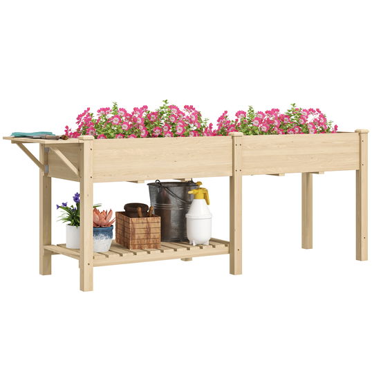 Outsunny Strat Înălțat de Grădină cu Masă Laterală, Raft Inferior și Orificii de Drenaj, 207x59x78 cm, Lemn Natural | Aosom Romania