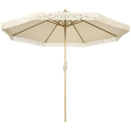 Outsunny Umbrelă de Grădină Înclinabilă pe 3 Niveluri cu Franjuri, Manivelă și Tijă cu 2 Secțiuni, Ø265x244 cm, Crem | Aosom Romania