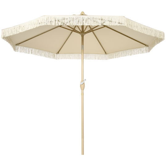 Outsunny Umbrelă de Grădină Înclinabilă pe 3 Niveluri cu Franjuri, Manivelă și Tijă cu 2 Secțiuni, Ø265x244 cm, Crem | Aosom Romania