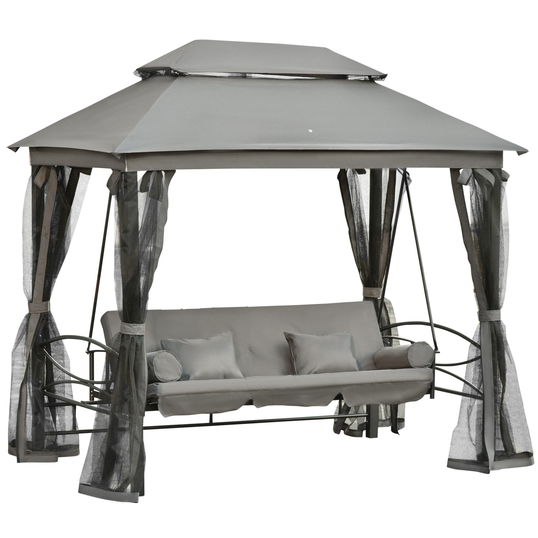 Outsunny Balansoar 3 Posti si Sezlong cu Copertina tip Foisor cu Plasa Impotriva Tantarilor si Perne, Gri Inchis 256x172x248cm