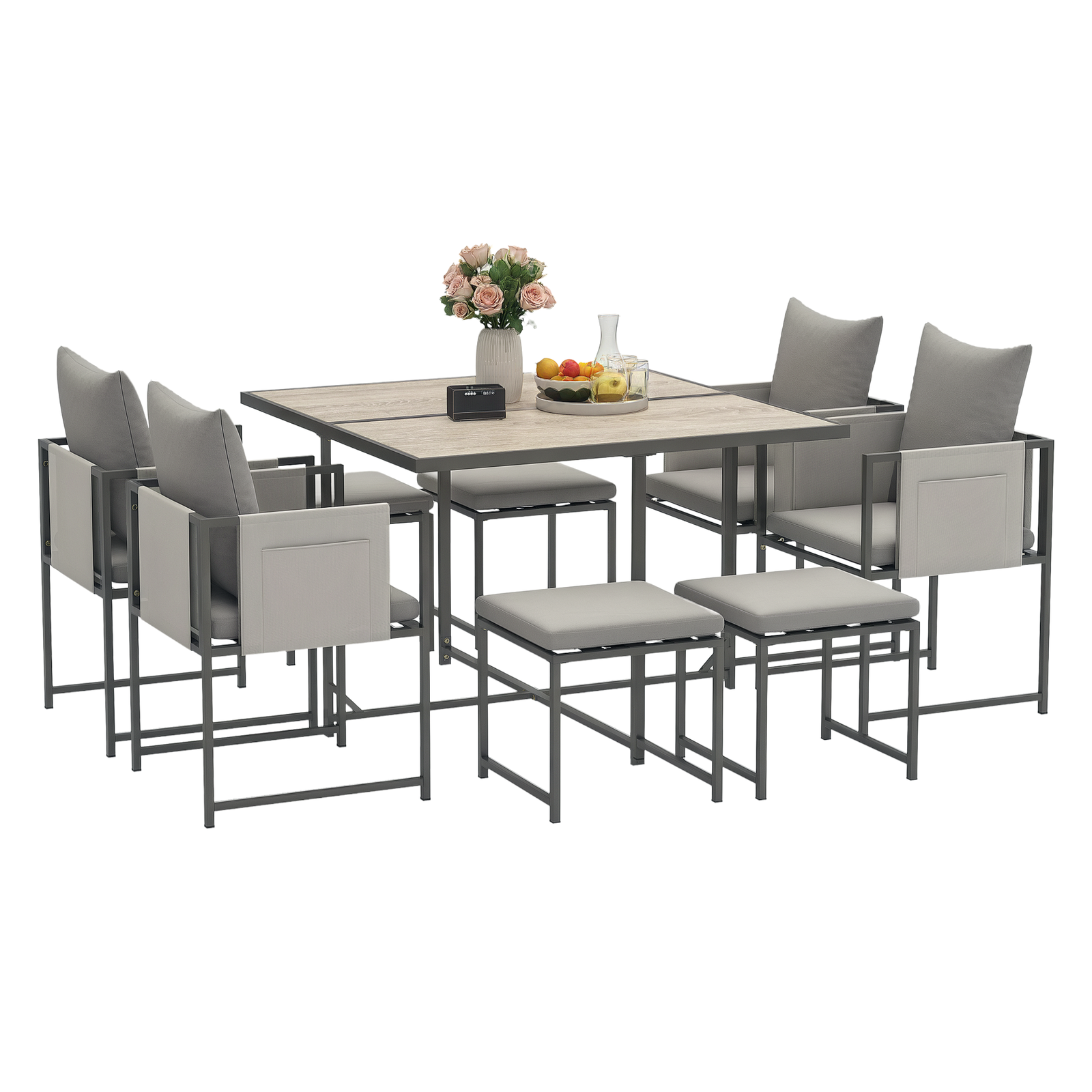 Outsunny Set Mobilier de Grădină din 9 Piese cu Masă, 4 Fotolii și 4 Scaune, 110x110x75 cm, Gri | Aosom Romania