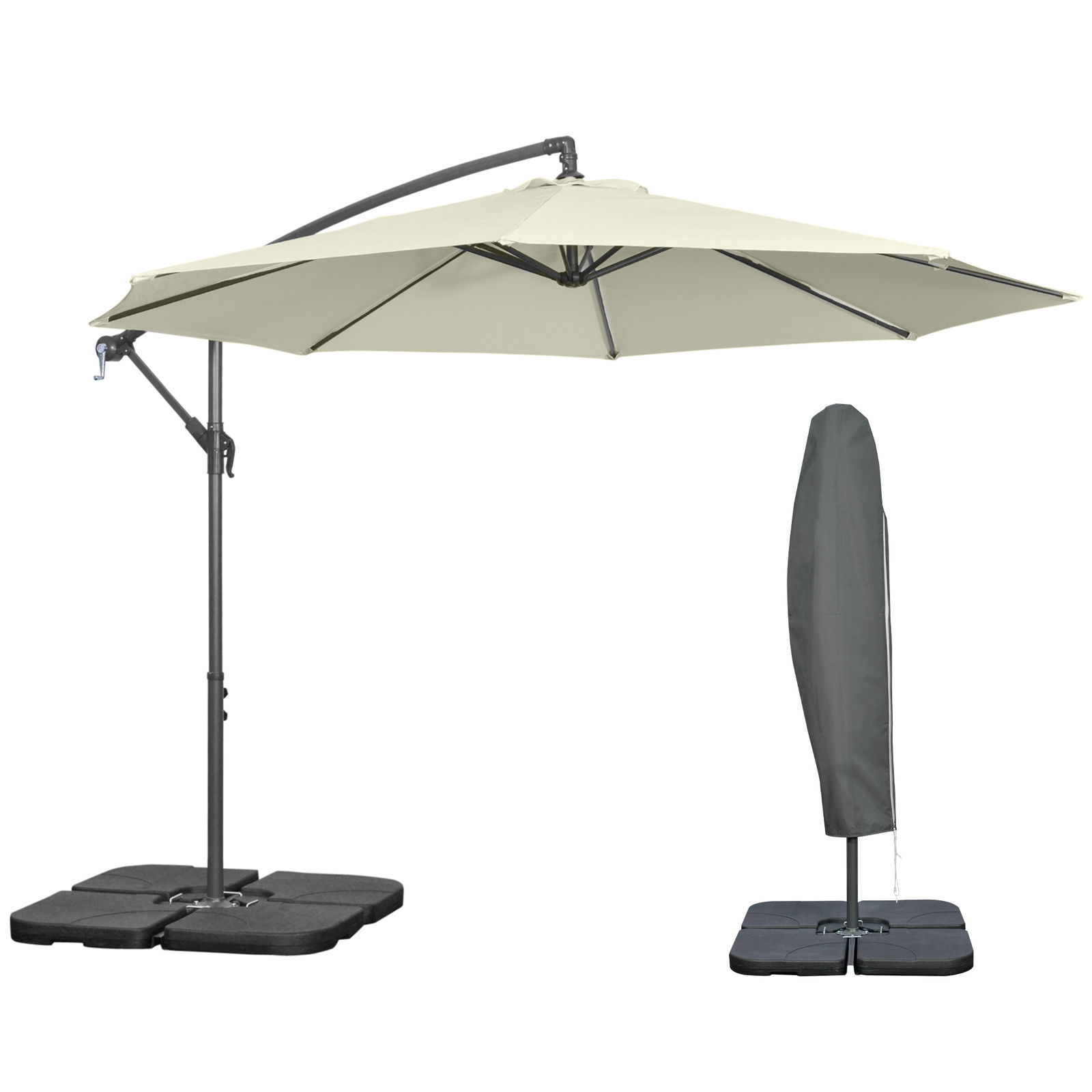 Outsunny Umbrelă Suspendată cu Bază în Cruce, Greutăţi, Manivelă și Protecţie UV, Ø3x2.5 m, Bej | Aosom Romania