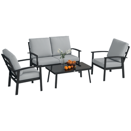 Outsunny Set de Mobilier de Grădină din 4 Piese, cu Canapea, 2 Fotolii și Măsuță de Cafea, 127x74x80 cm, Gri Cărbune | Aosom Romania