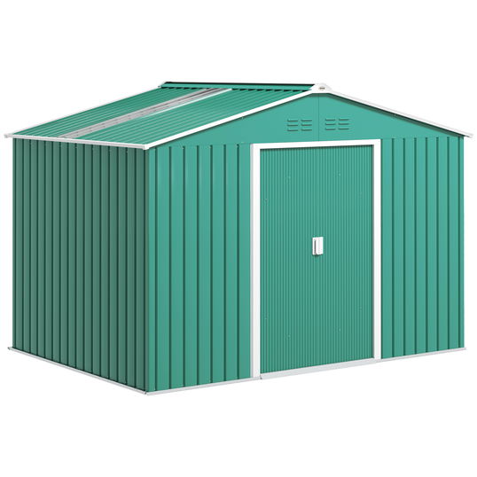 Outsunny Șopron pentru Unelte cu Acoperiș Înclinat și Uși Glisante Duble, 277x195x192 cm, Verde Închis | Aosom Romania