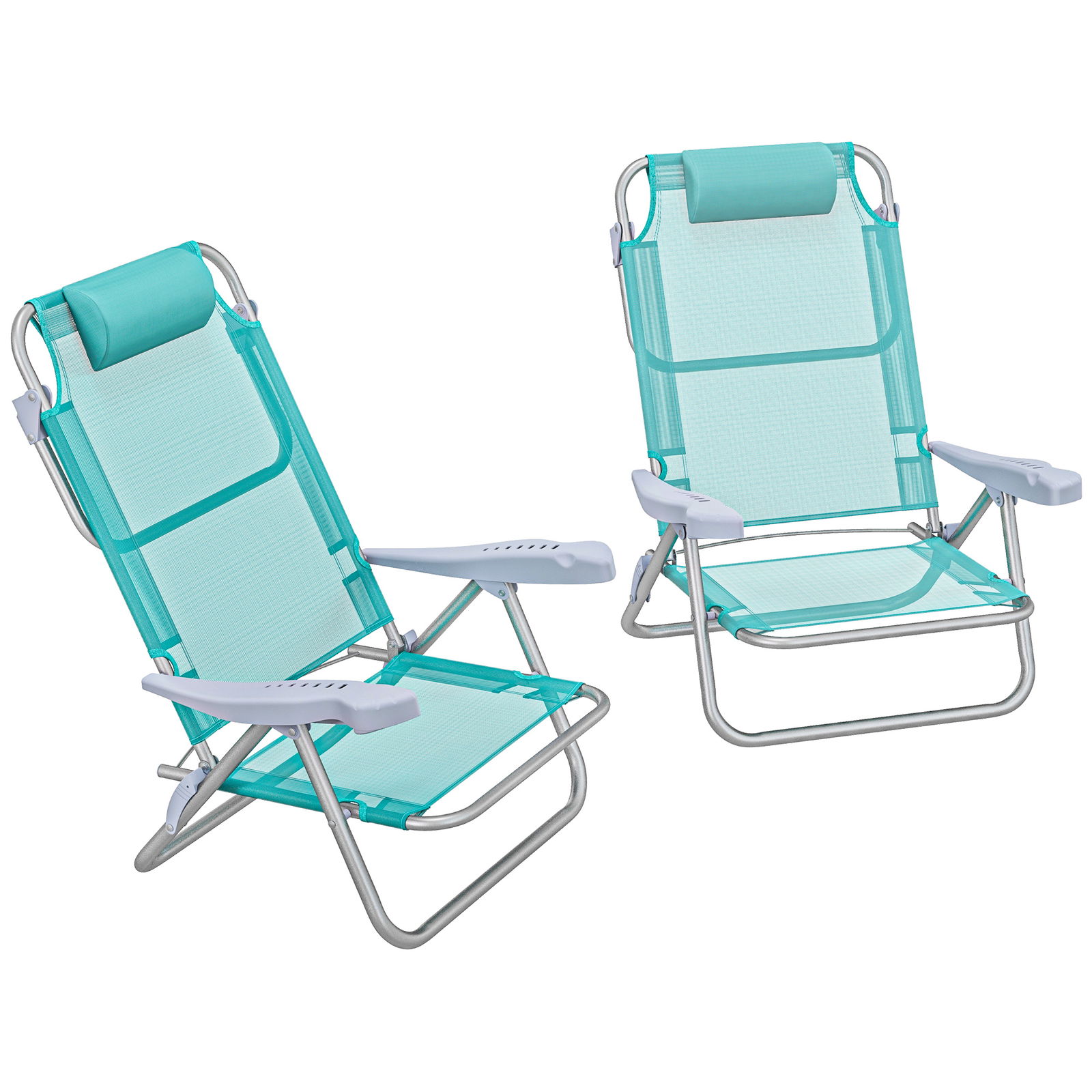 Outsunny Set 2 Scaune de Camping Pliabile cu Tetieră Căptușită și Spătar Reglabil în 6 Poziții, 62x65x80 cm, Albastru | Aosom Romania
