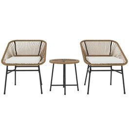 Outsunny Set Bistro din 3 Piese cu Măsuță de Cafea cu Blat de Sticlă și 2 Scaune, Φ45x46 cm, Natural | Aosom Romania
