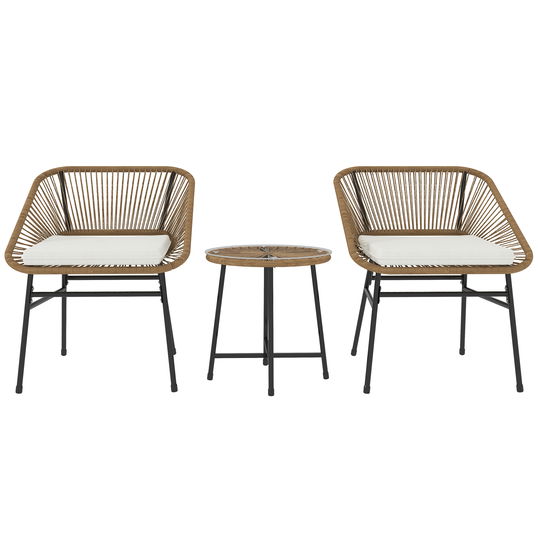 Outsunny Set Bistro din 3 Piese cu Măsuță de Cafea cu Blat de Sticlă și 2 Scaune, Φ45x46 cm, Natural | Aosom Romania