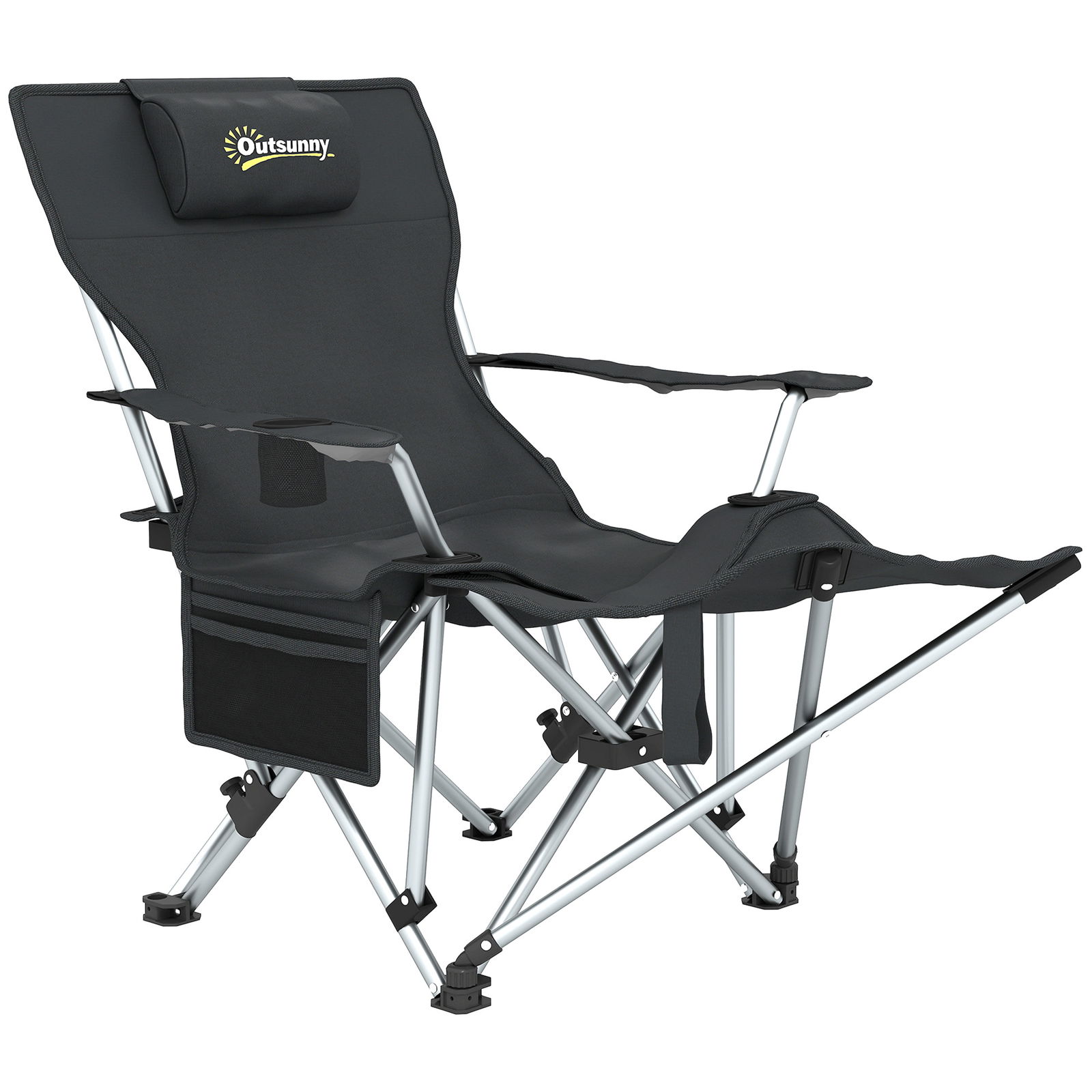 Outsunny Scaun de Camping Pliabil și Rabatabil cu Suport pentru Picioare Detașabil și Tetieră, 82x50/100x88 cm, Negru | Aosom Romania