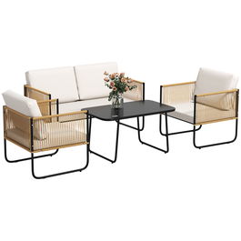 Outsunny Set Mobilier de Grădină din 4 Piese cu Canapea, 2 Fotolii și Măsuță, 110x61x63 cm, Alb Crem | Aosom Romania