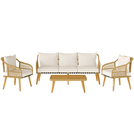 Outsunny Set de Mobilier de Grădină din 4 Piese cu Canapea, 2 Fotolii, Măsuță și Perne, 180x64x80 cm, Kaki | Aosom Romania