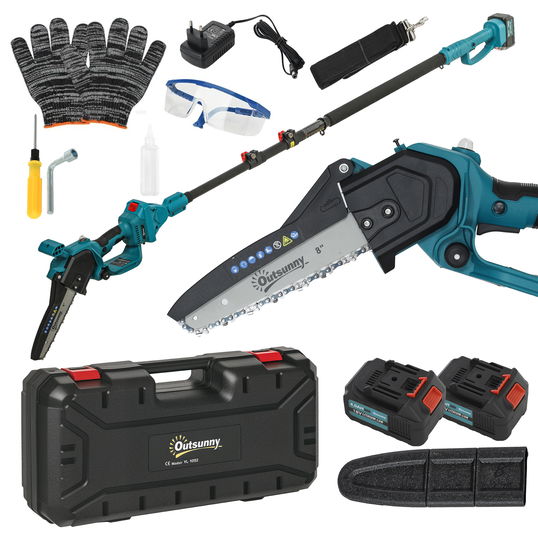 Outsunny Ferăstrău cu Acumulator 2 în 1 cu Tijă Telescopică și Motor Brushless Albastru | Aosom Romania