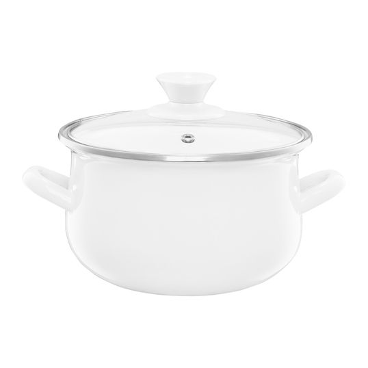 Oala emailata cu capac Pyza, Emalia Olkusz, 14 cm, 1 L, otel carbon, ecru