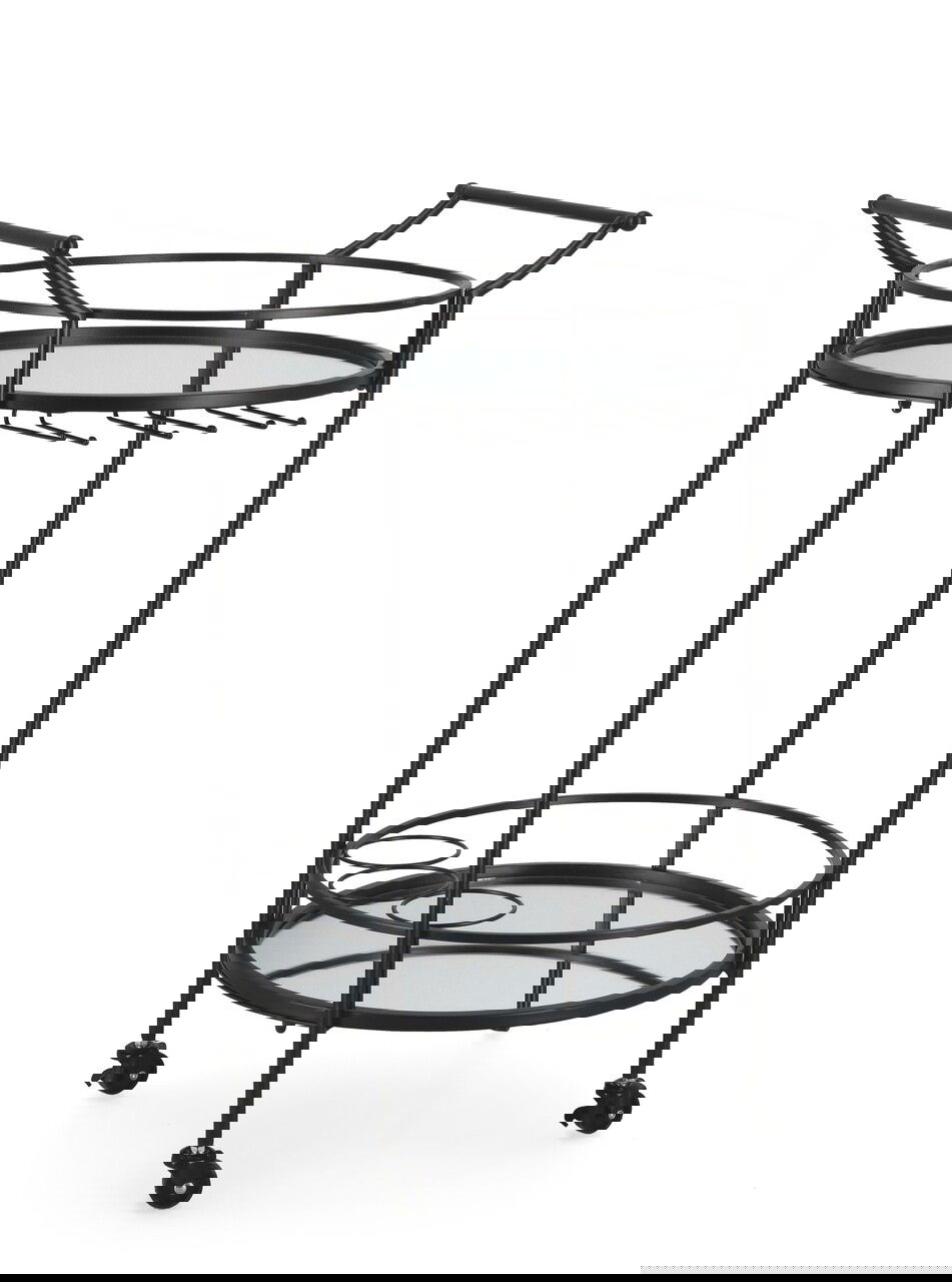 Carucior pentru servire cu suport 3 sticle vin Isaac, Bizzotto, 54x45x83 cm, otel/sticla, negru