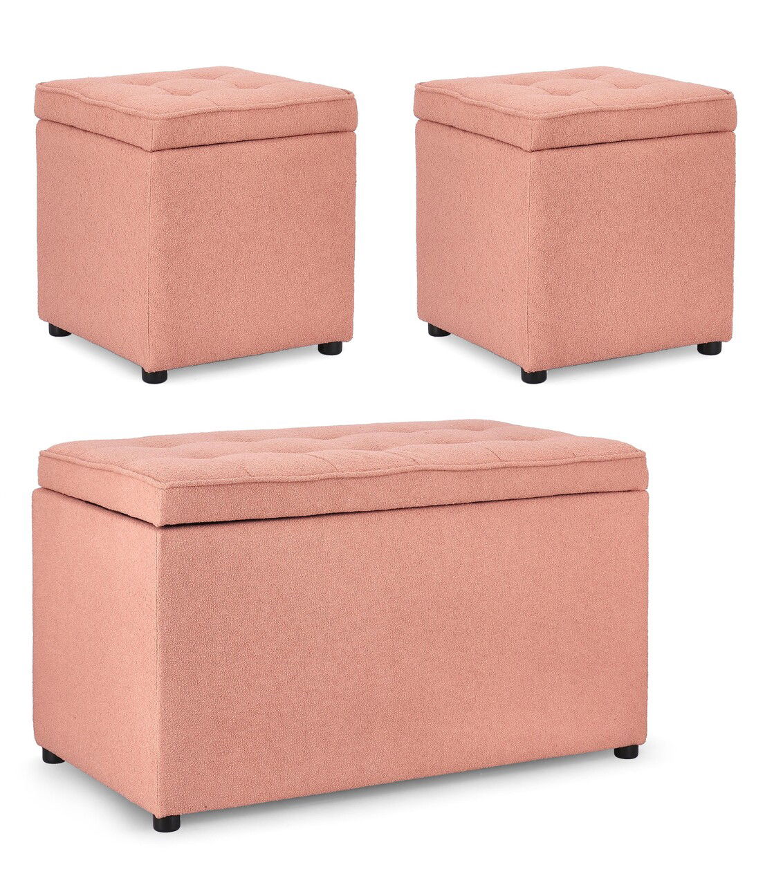 Set 3 taburete cu spatiu de depozitare Derrick, Bizzotto, 40x40x40 cm/89x48x51 cm, lemn de pin/poliester Boucle, roz pastel