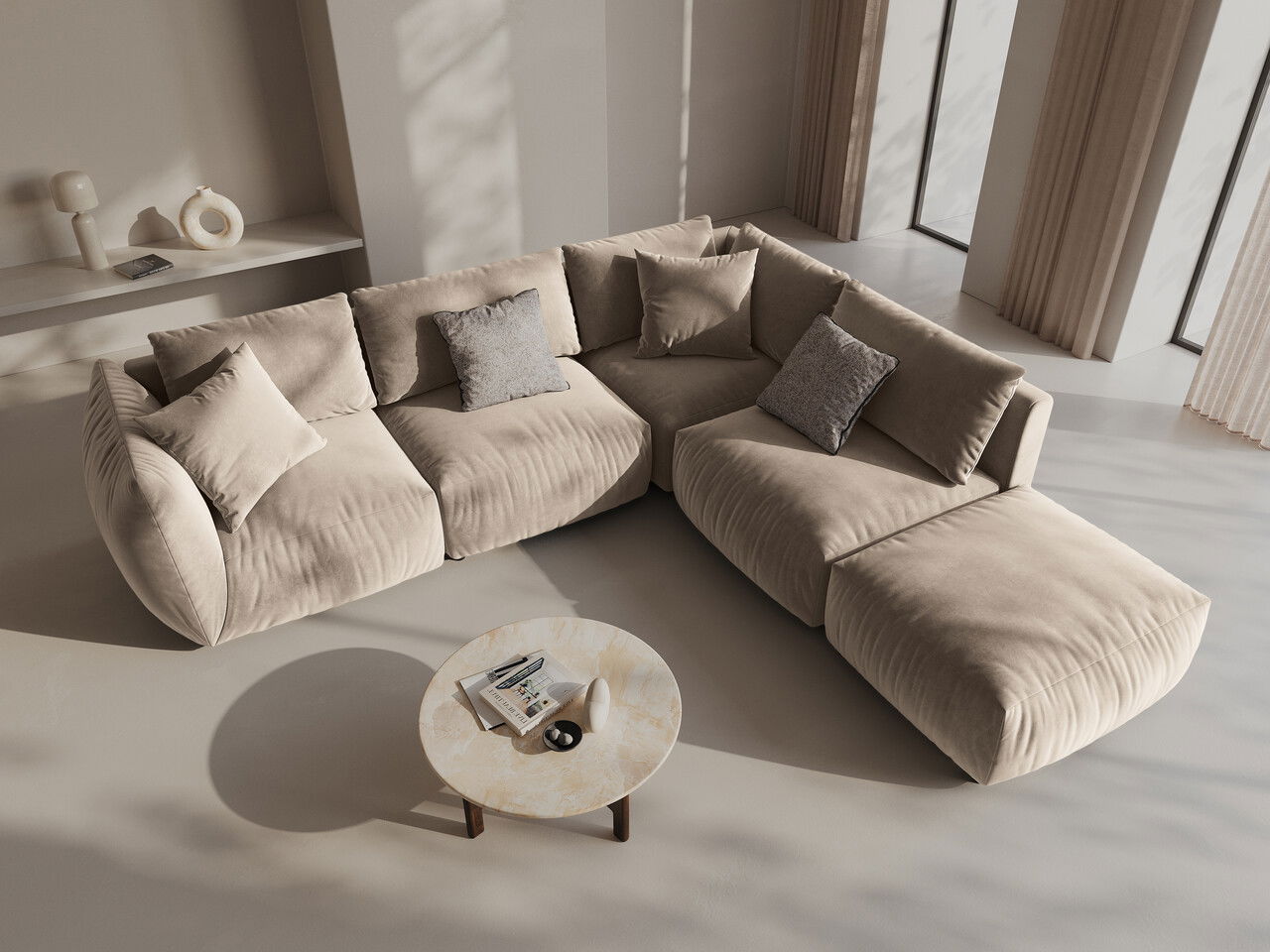 Coltar modular dreapta 4 locuri, Chris-184, Micadoni Home, 295x290x80 cm, catifea, ecru