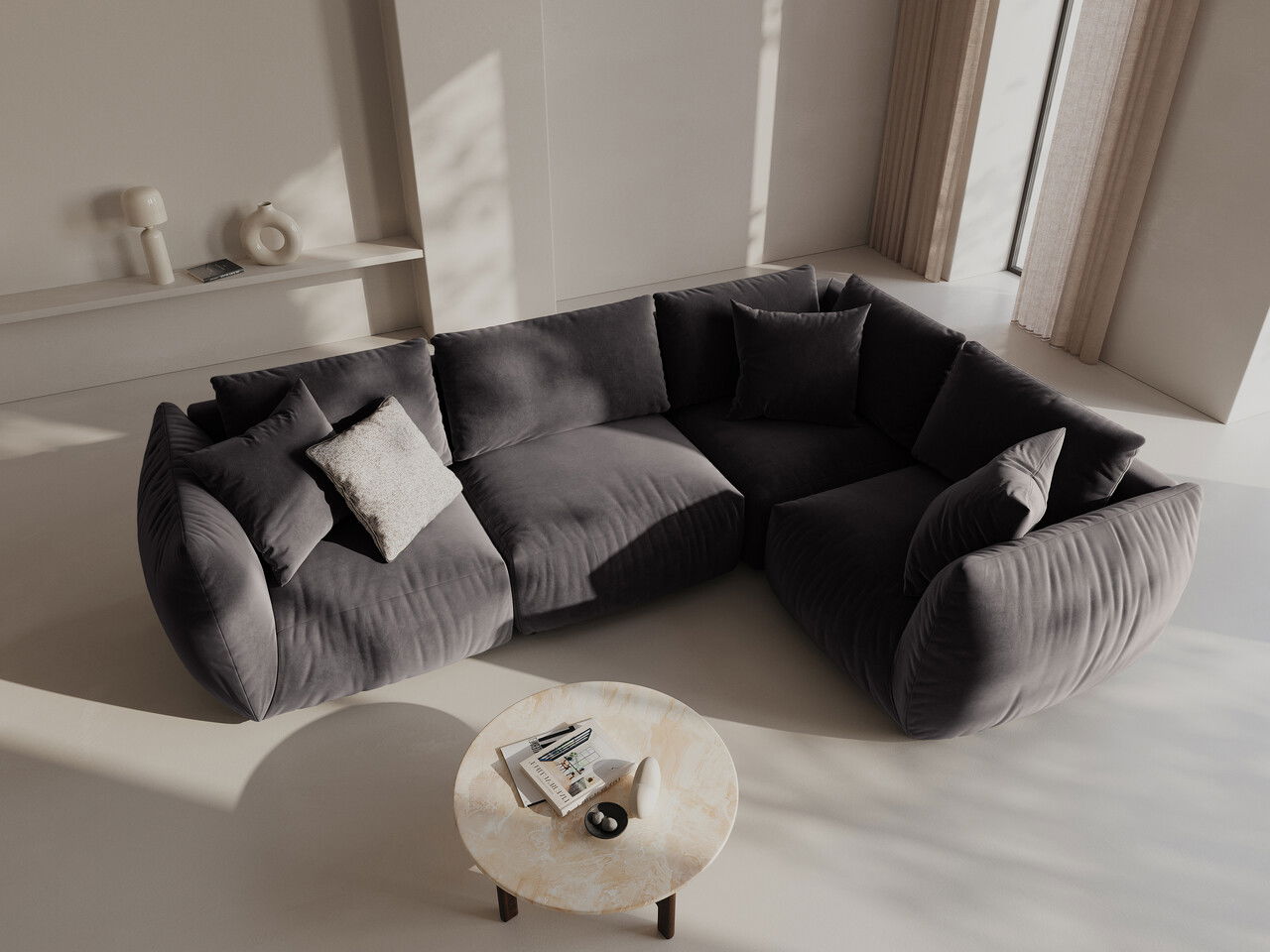 Coltar dreapta 4 locuri, Chris-184, Micadoni Home, 295x210x80 cm, catifea, gri inchis