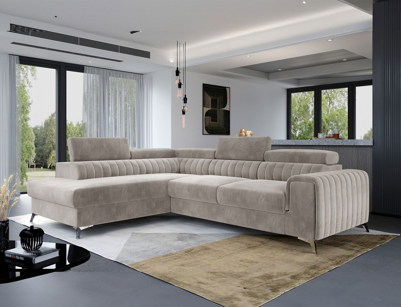 Coltar extensibil stanga 4 locuri, ELTAP, Lau-16, Laurence, 278x205x92 cm, lemn/poliester, bej deschis