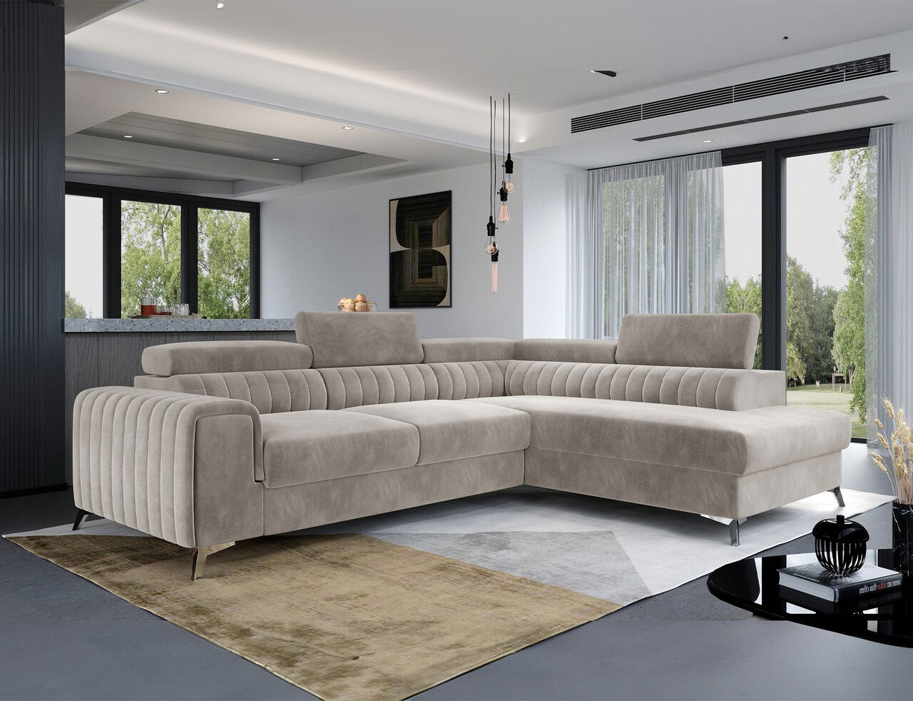 Coltar extensibil dreapta 4 locuri, ELTAP, Lau-40, Laurence, 278x205x92 cm, lemn/poliester, bej deschis