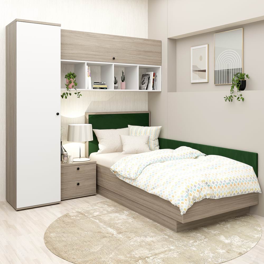 Dormitor copii pe colt RIALTO 2, Oak, Alb, Catifea Verde