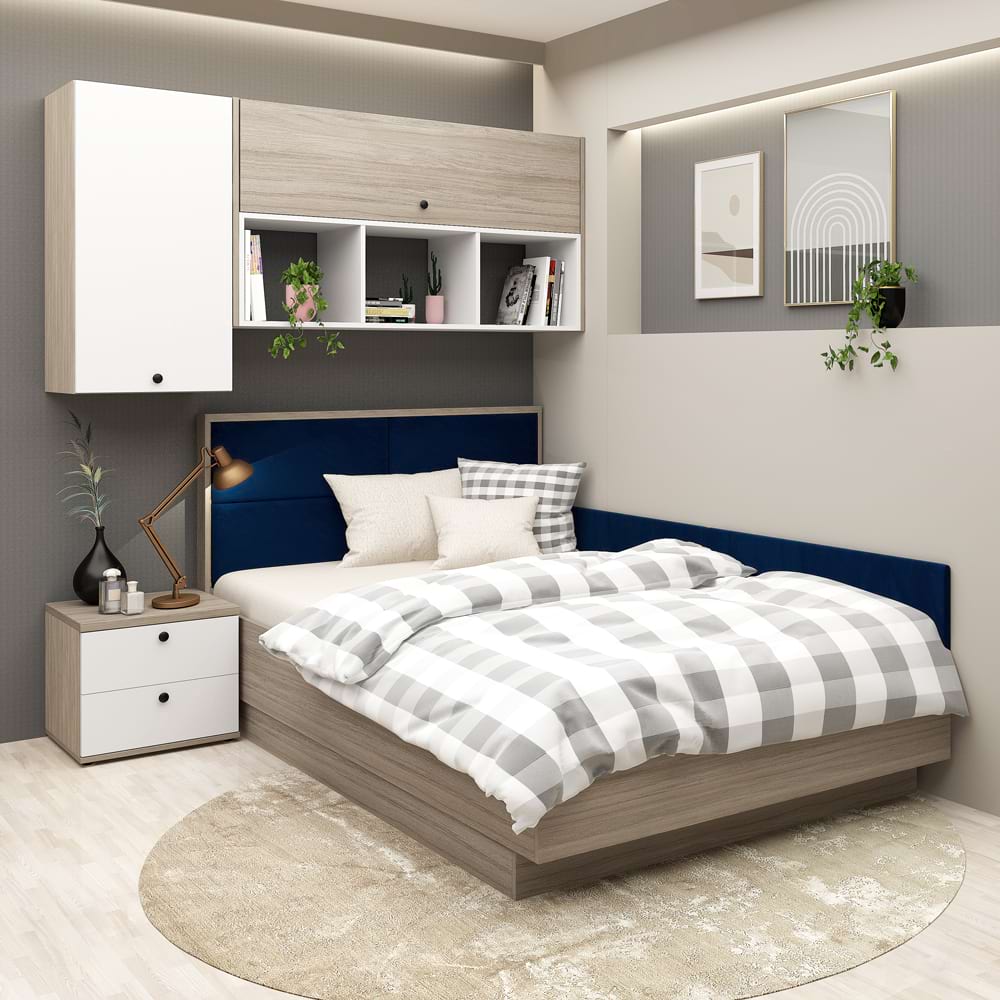 Dormitor colt RIALTO 4, Oak, Alb, Catifea Albastru
