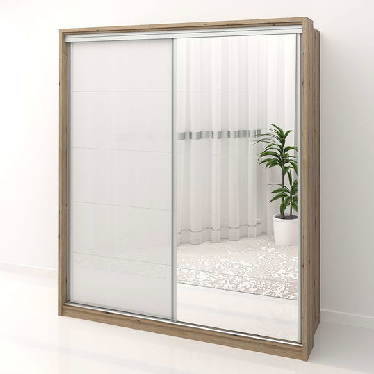 Dulap dormitor PRIMAVERA 185, H205, cu oglinda k5, Stejar, Alb Gloss