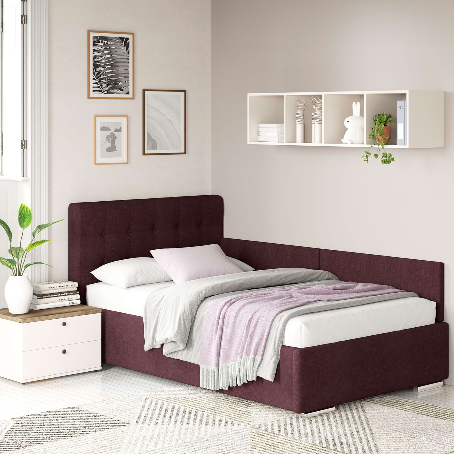 Pat tapitat de colt pentru copii GEORGIA Clasic, 120x200, H107, somiera, Stofa Mov V68