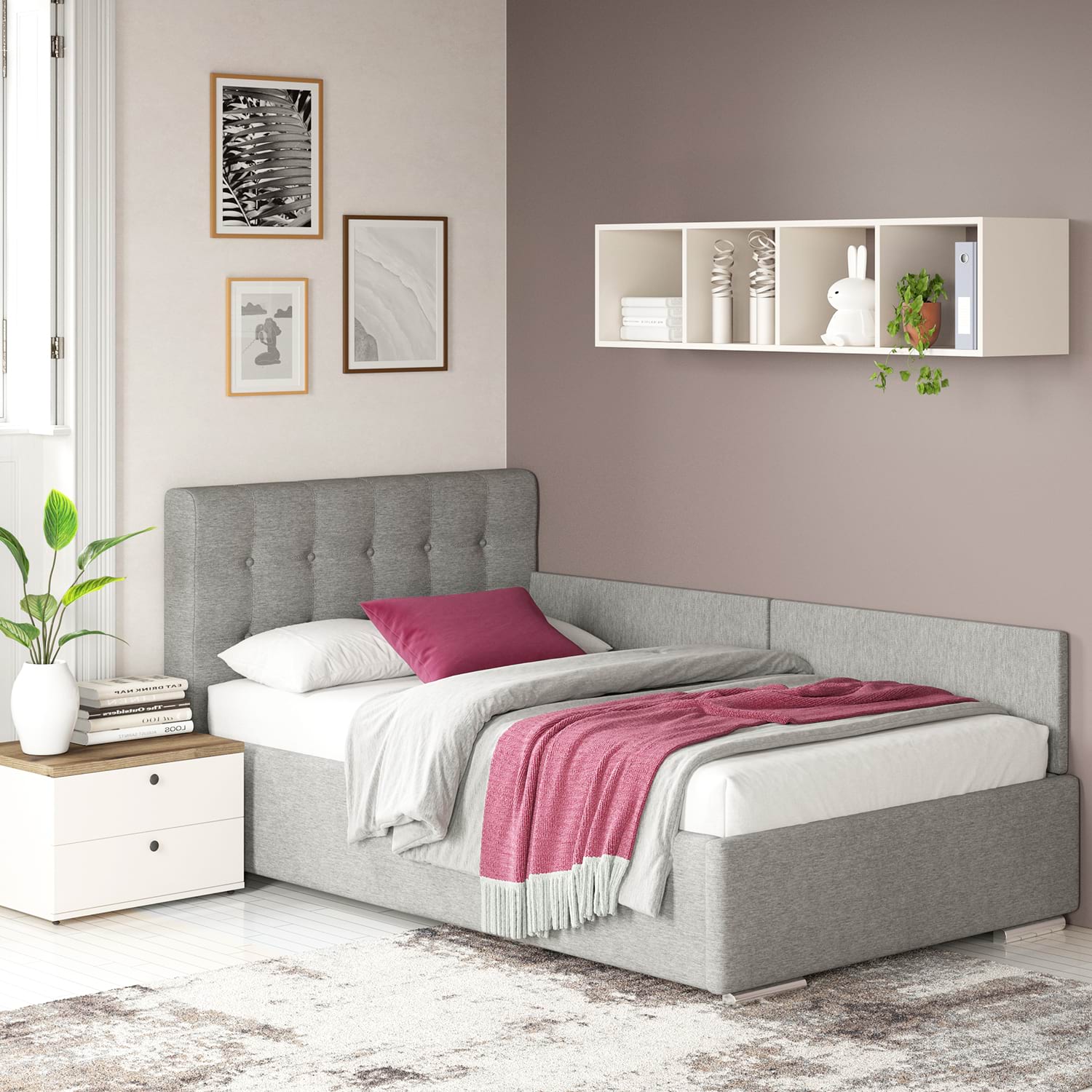Pat tapitat de colt pentru copii GEORGIA Clasic, 90x200, H107, somiera, Stofa Gri V90
