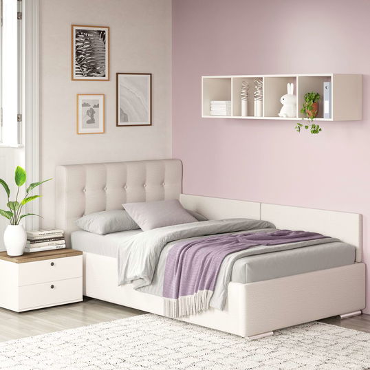 Pat tapitat de colt pentru copii GEORGIA Clasic, 90x200, H107, somiera, Stofa Bej V03