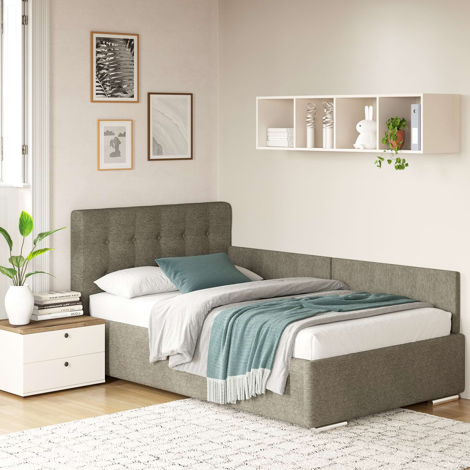 Pat tapitat de colt pentru copii GEORGIA Clasic, 90x200, H107, somiera, Stofa Maro Kaki V24