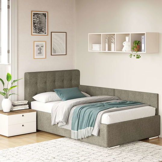 Pat tapitat de colt pentru copii GEORGIA Clasic, 90x200, H107, somiera, Stofa Maro Kaki V24