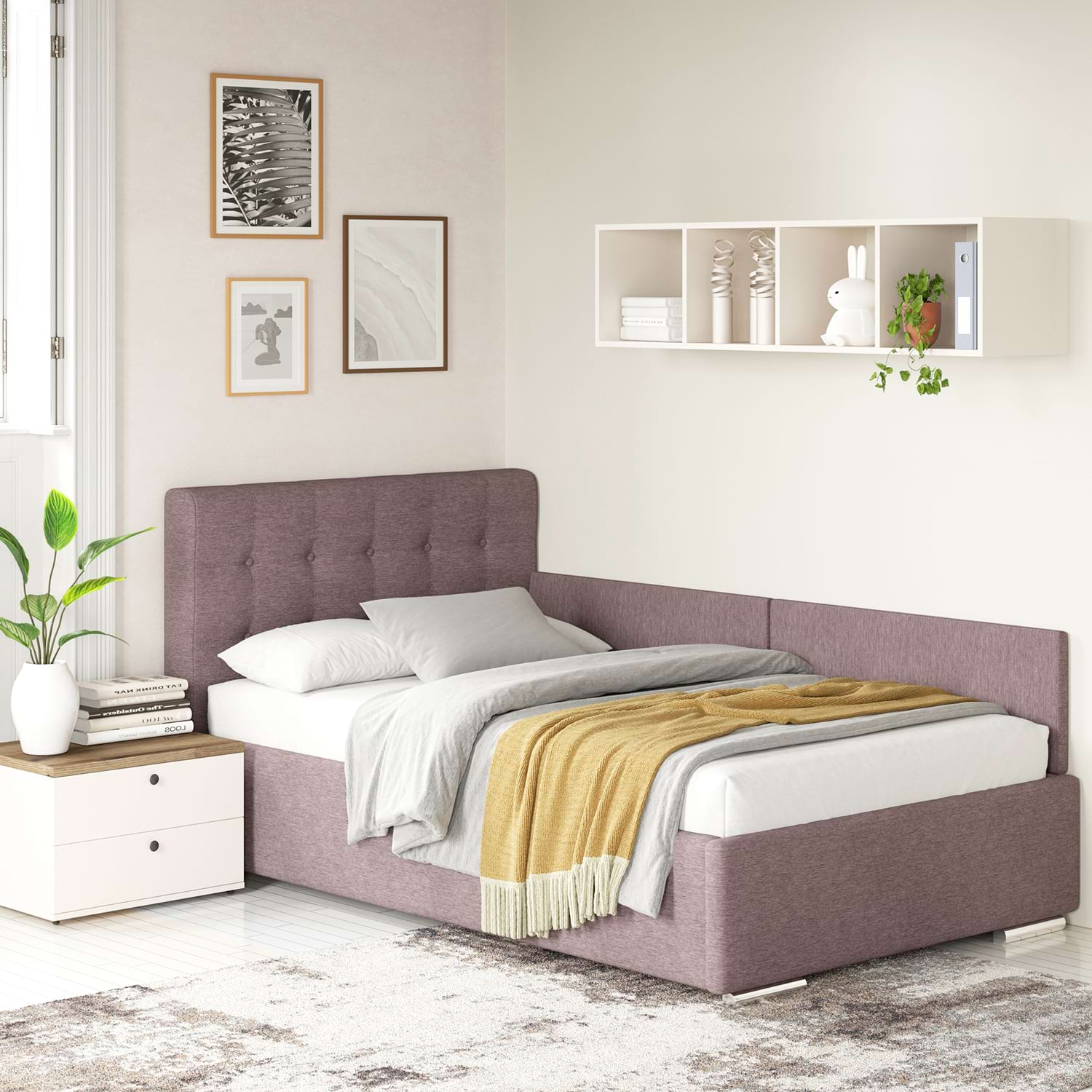 Pat tapitat de colt pentru copii GEORGIA Clasic, 120x200, H107, somiera, Stofa Mov Lila V60