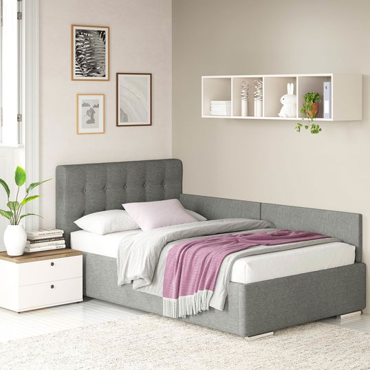 Pat tapitat de colt pentru copii GEORGIA Clasic, 90x200, H107, somiera, Stofa Gri V88