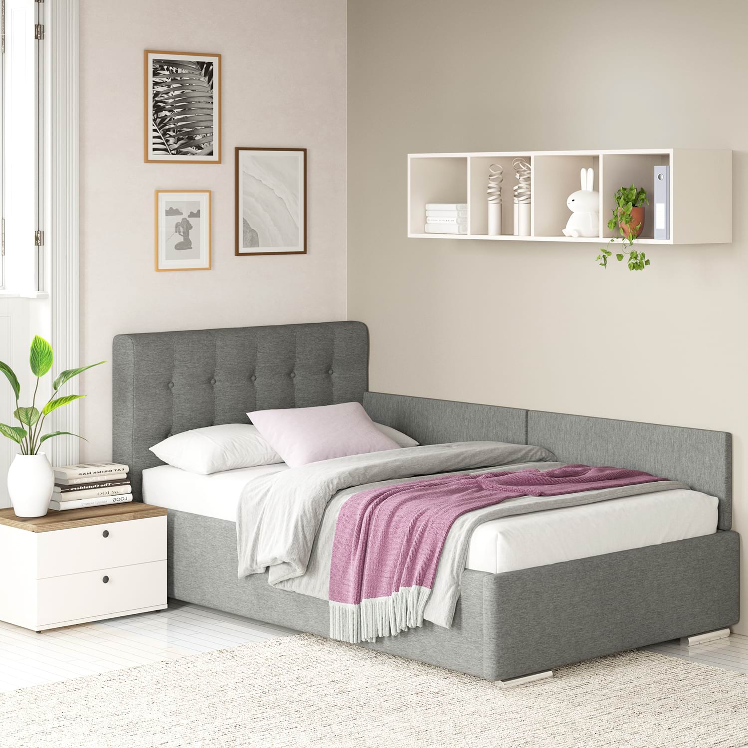 Pat tapitat de colt pentru copii GEORGIA Clasic, 120x200, H107, somiera, Stofa Gri V88
