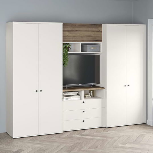 Set mobila dulapuri si comoda tv PRIMAVERA A270x52, H200, 5U3S, Alb, Stejar