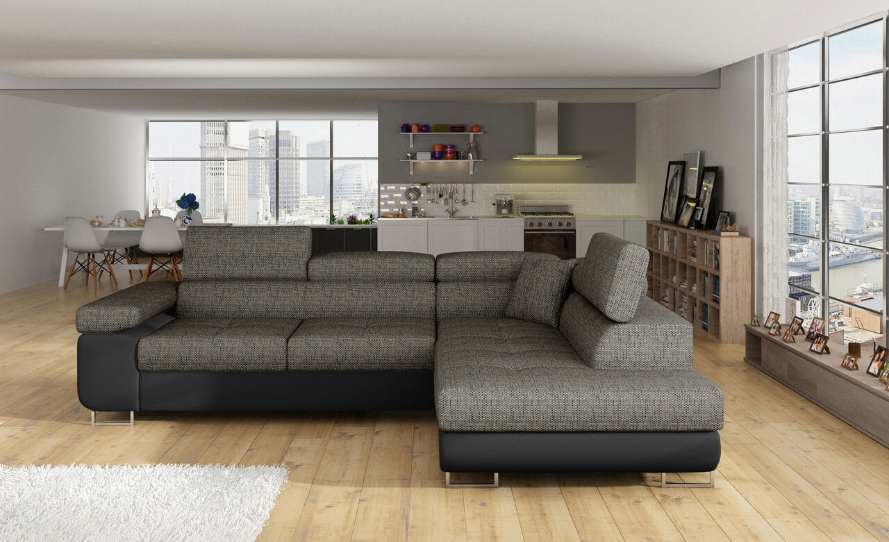 Coltar extensibil dreapta 4 locuri, ELTAP, Anton, 272x203x85 cm, lemn/poliester, gri inchis/negru