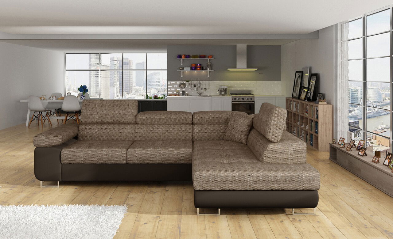 Coltar extensibil dreapta 4 locuri, ELTAP, Anton, 272x203x85 cm, lemn/poliester, bej/maro