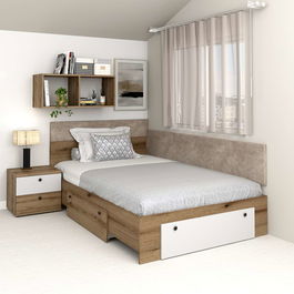 Pat colt de o persoana AMBRO, 120x200, 2 sertare, Stejar, Alb