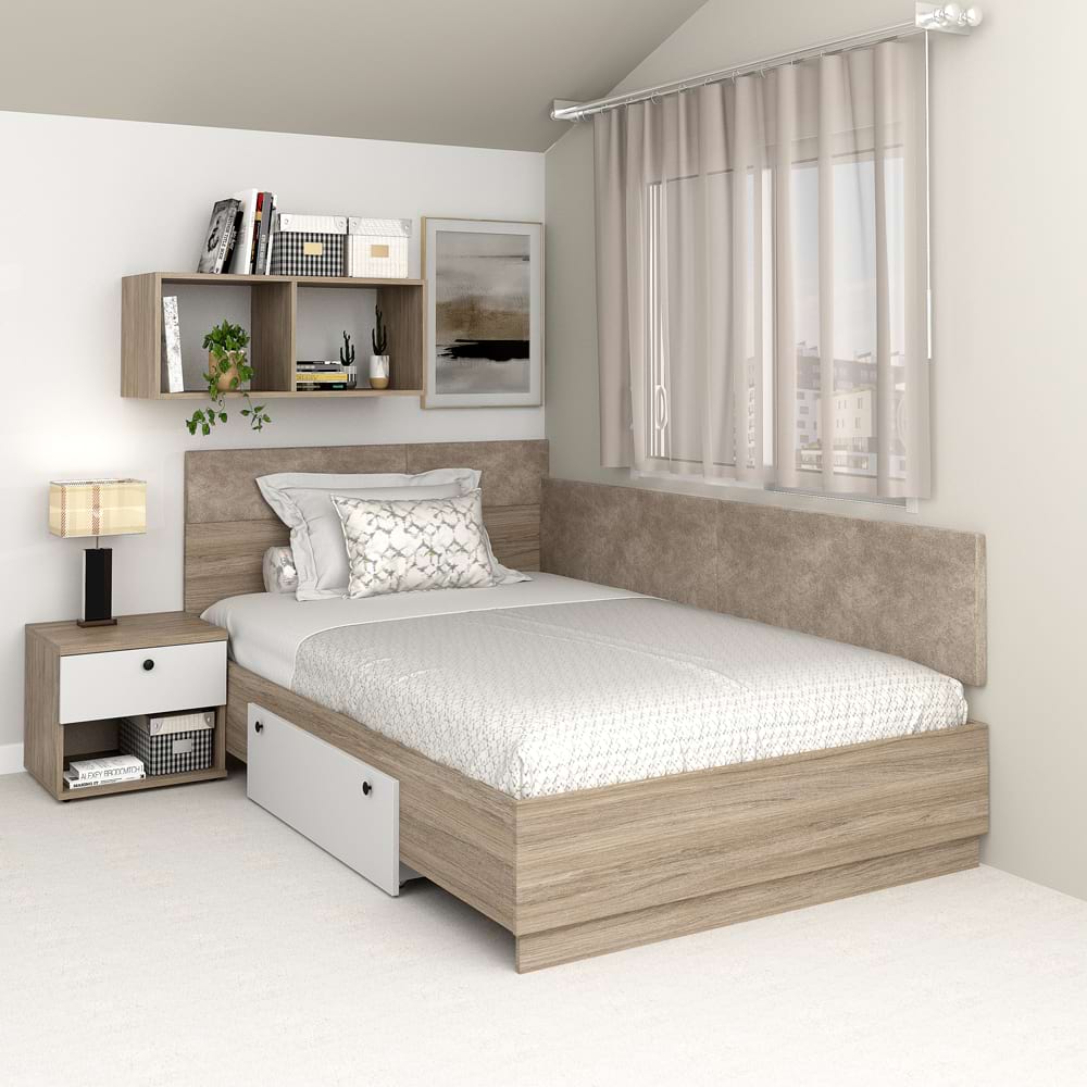 Pat colt de o persoana AMBRO, 90x200, sertar lateral, Oak, Alb