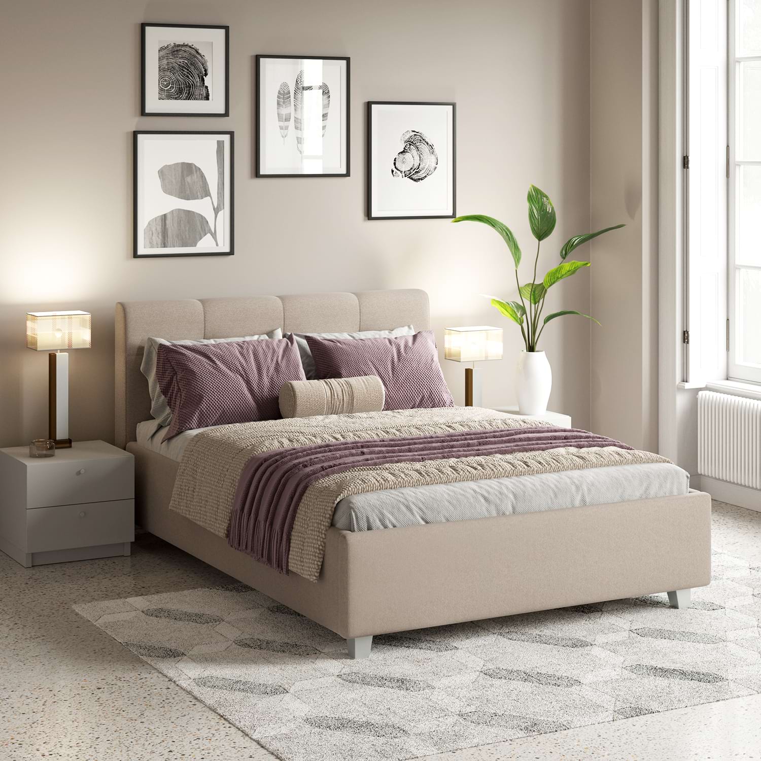 Oferta Pat tapitat ARISA, 140x200, suport saltea, stofa Grej cu saltea inclusa