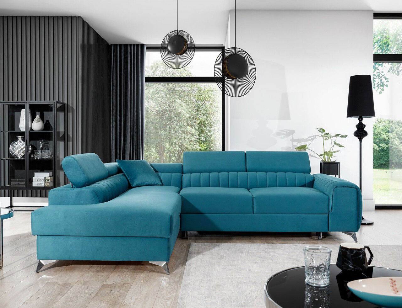 Coltar extensibil stanga 4 locuri, ELTAP, Lau-21, Laurence, 278x205x92 cm, lemn/poliester, turcoaz