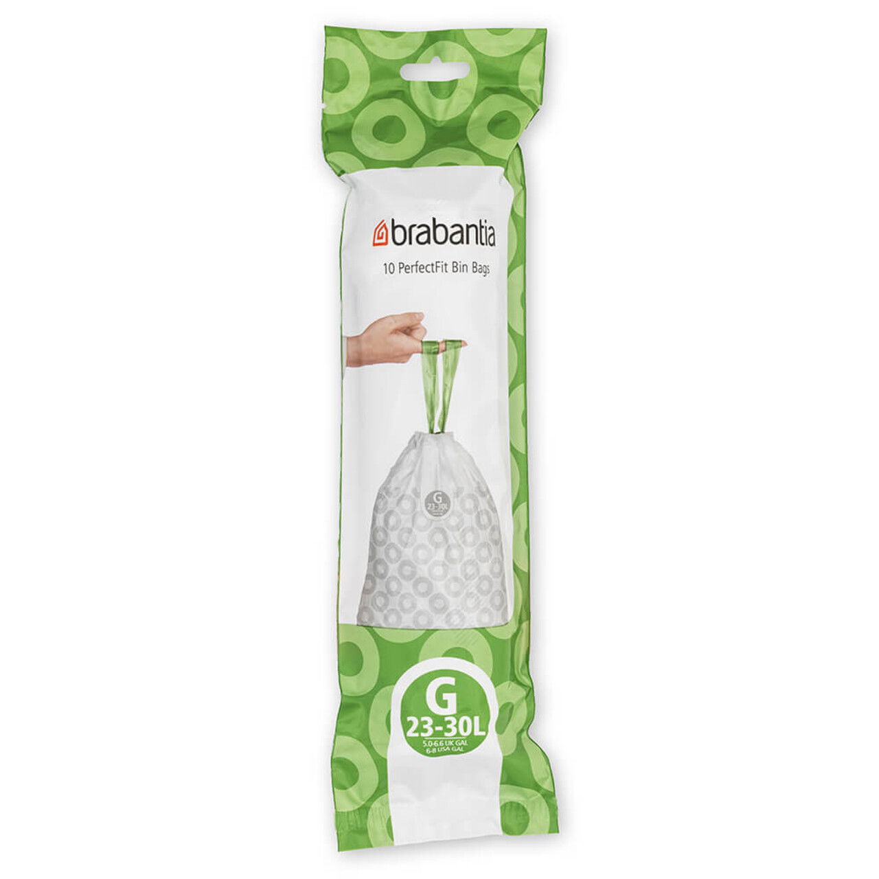 Set 10 saci de gunoi, Brabantia, PerfectFit, marimea G, 23-30 L, nailon, alb