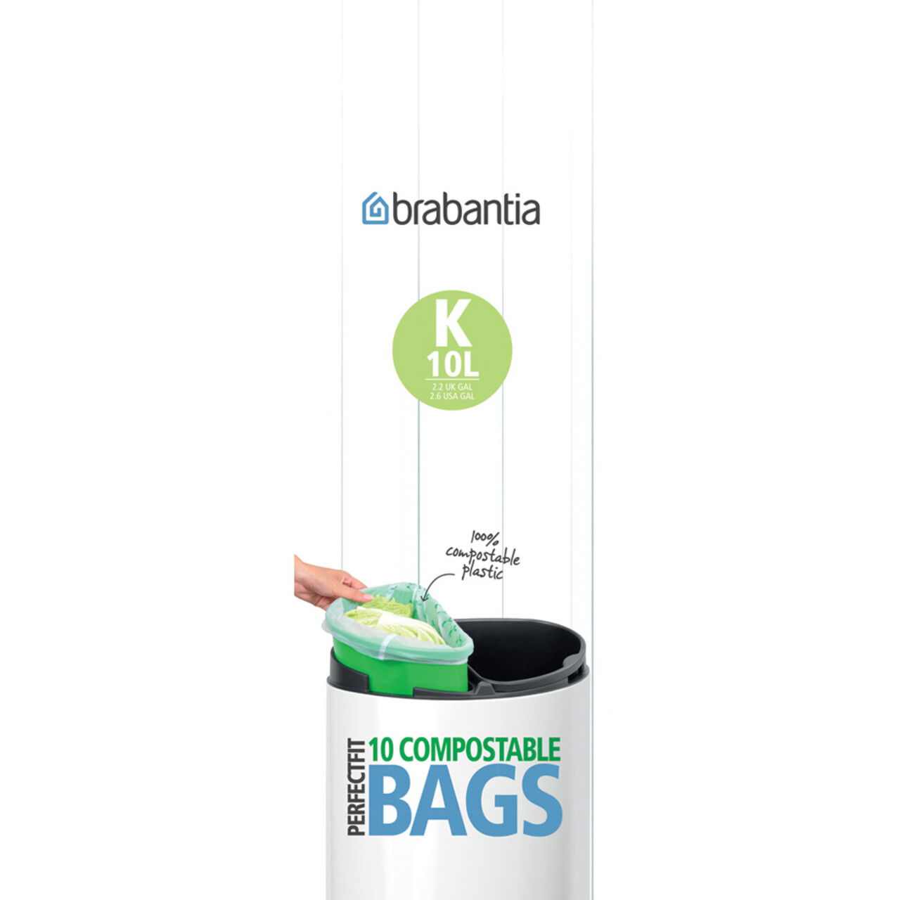 Set 10 saci de gunoi, Brabantia, PerfectFit Twin, marimea K, 10 L, nailon, verde