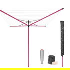 Uscator de rufe rotativ cu 4 brate + cu suport fixare pamant + husa + set carlige rufe, Brabantia, Lift-O-Matic, 50 m capacitate de uscare, otel, roz