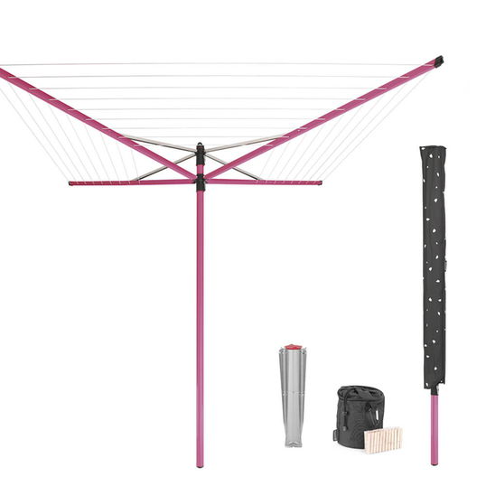 Uscator de rufe rotativ cu 4 brate + cu suport fixare pamant + husa + set carlige rufe, Brabantia, Lift-O-Matic, 50 m capacitate de uscare, otel, roz