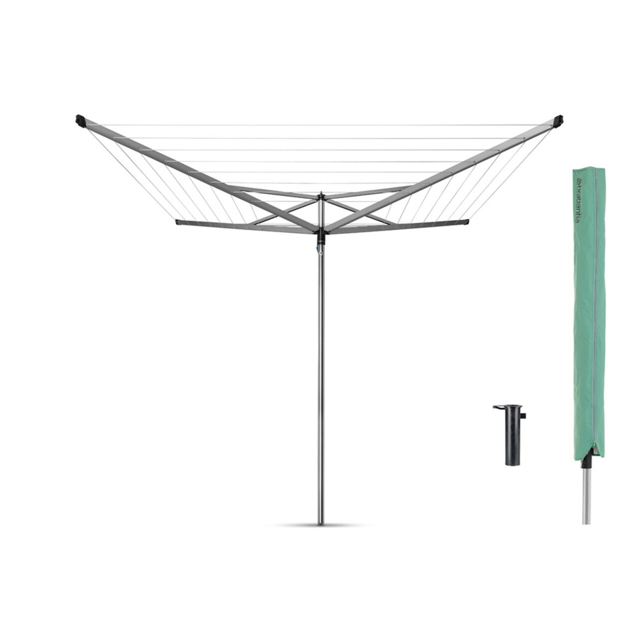 Uscator de rufe rotativ cu 4 brate + cu suport fixare pamant, Brabantia, Essential Metallic, 40 m capacitate de uscare, otel, gri