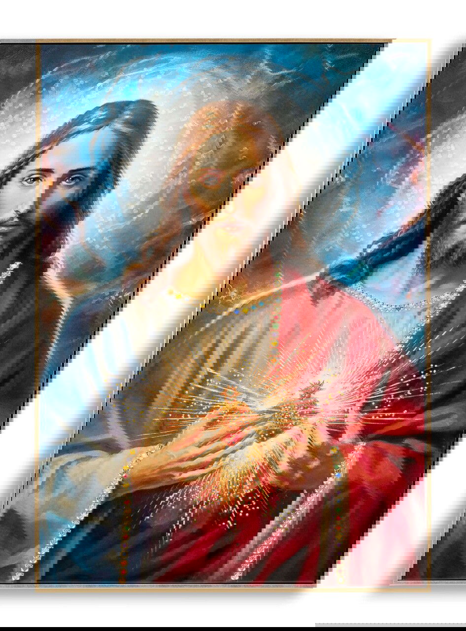 Tablou decorativ Jesus, Mauro Ferretti, 72x102 cm, lemn de pin/canvas pictat si lacuit, multicolor