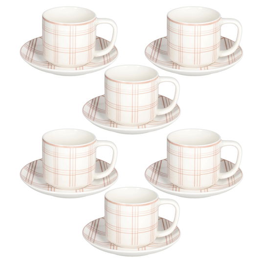 Set 6 cesti de ceai cu farfurie Ivy Quadro Mandorla, Tognana, 220 ml, New Bone China, alb/roz