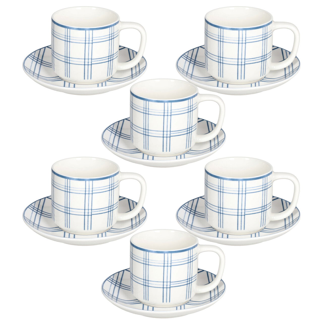 Set 6 cesti de ceai cu farfurie Ivy Quadro Carta Da Zucchero, Tognana, 220 ml, New Bone China, alb/albastru