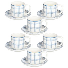 Set 6 cesti de ceai cu farfurie Ivy Quadro Carta Da Zucchero, Tognana, 220 ml, New Bone China, alb/albastru