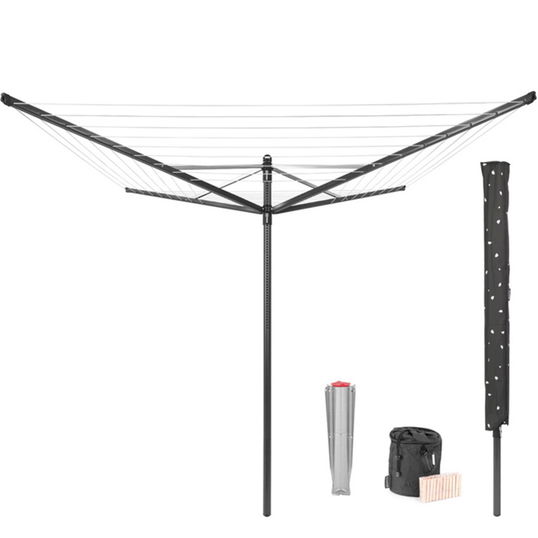 Uscator de rufe rotativ cu 4 brate + cu suport fixare pamant + husa + set carlige rufe, Brabantia, Lift-O-Matic, 50 m capacitate de uscare, otel, antracit